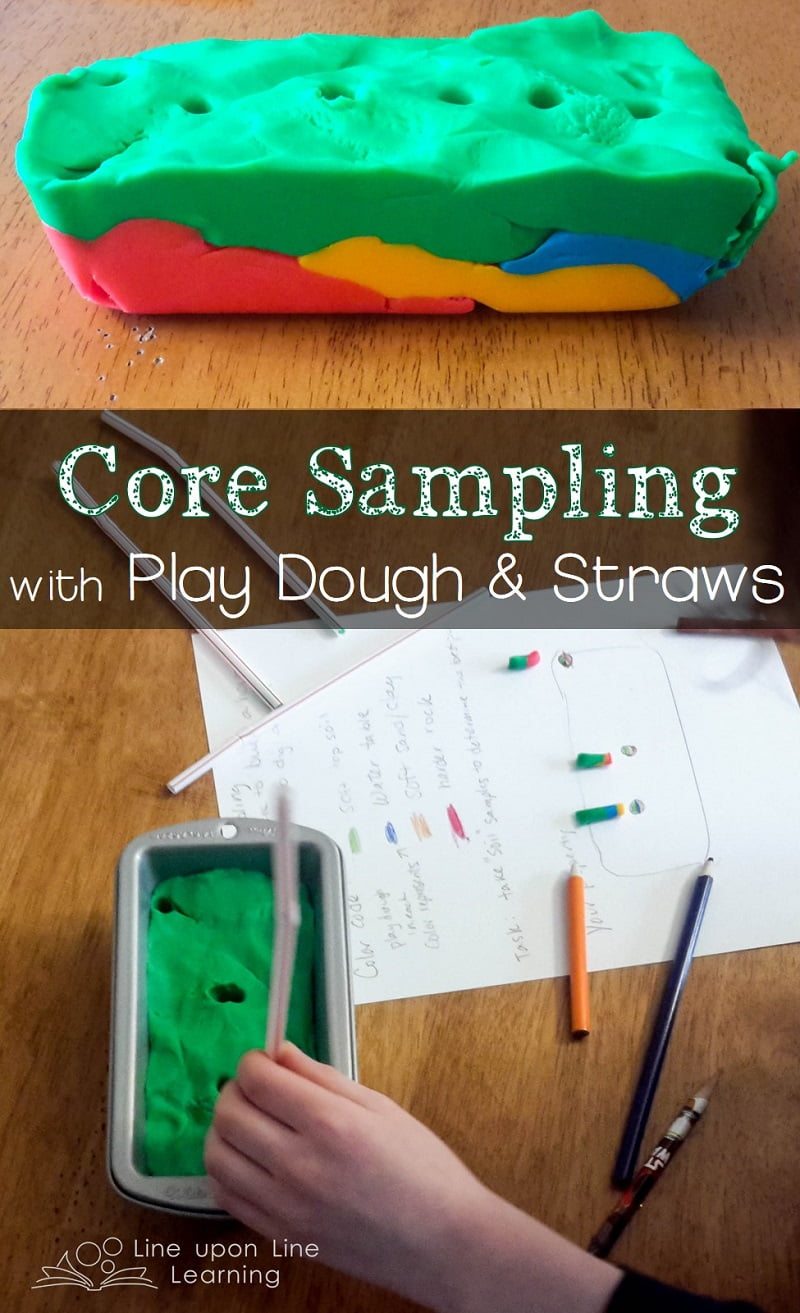 I gave him a rectangle of property. Each play dough color represents a type of soil or rock. Where should he build a house? Where should he dig a well? He must use "core sampling" to determine the answers.